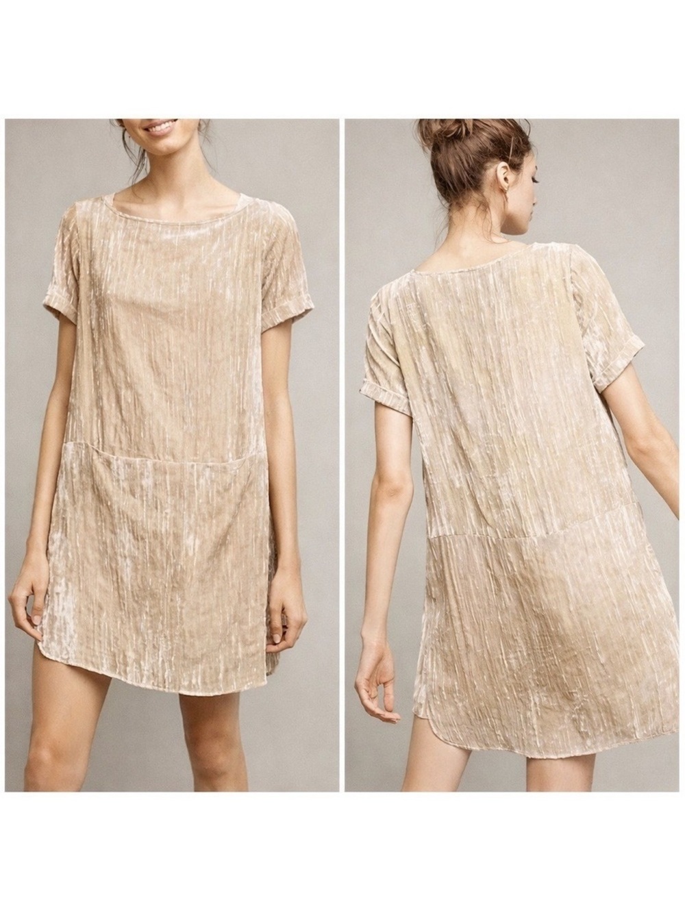 Anthropologie Floreat Crushed Velvet Shift Dress in Tan